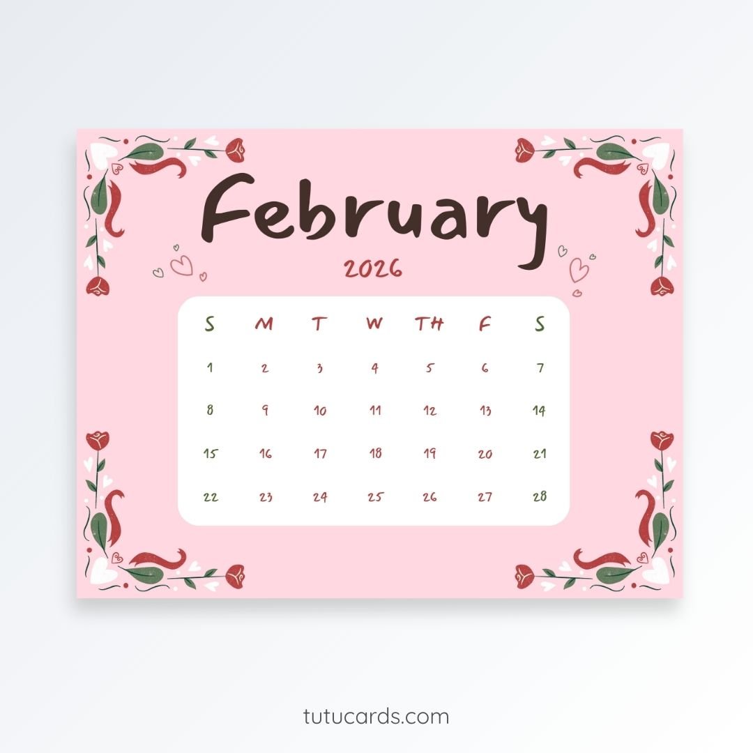 Romantic Roses & Pink Ribbon – February 2026 Calendar | Elegant Printable Wall Art - Image 1 of 3