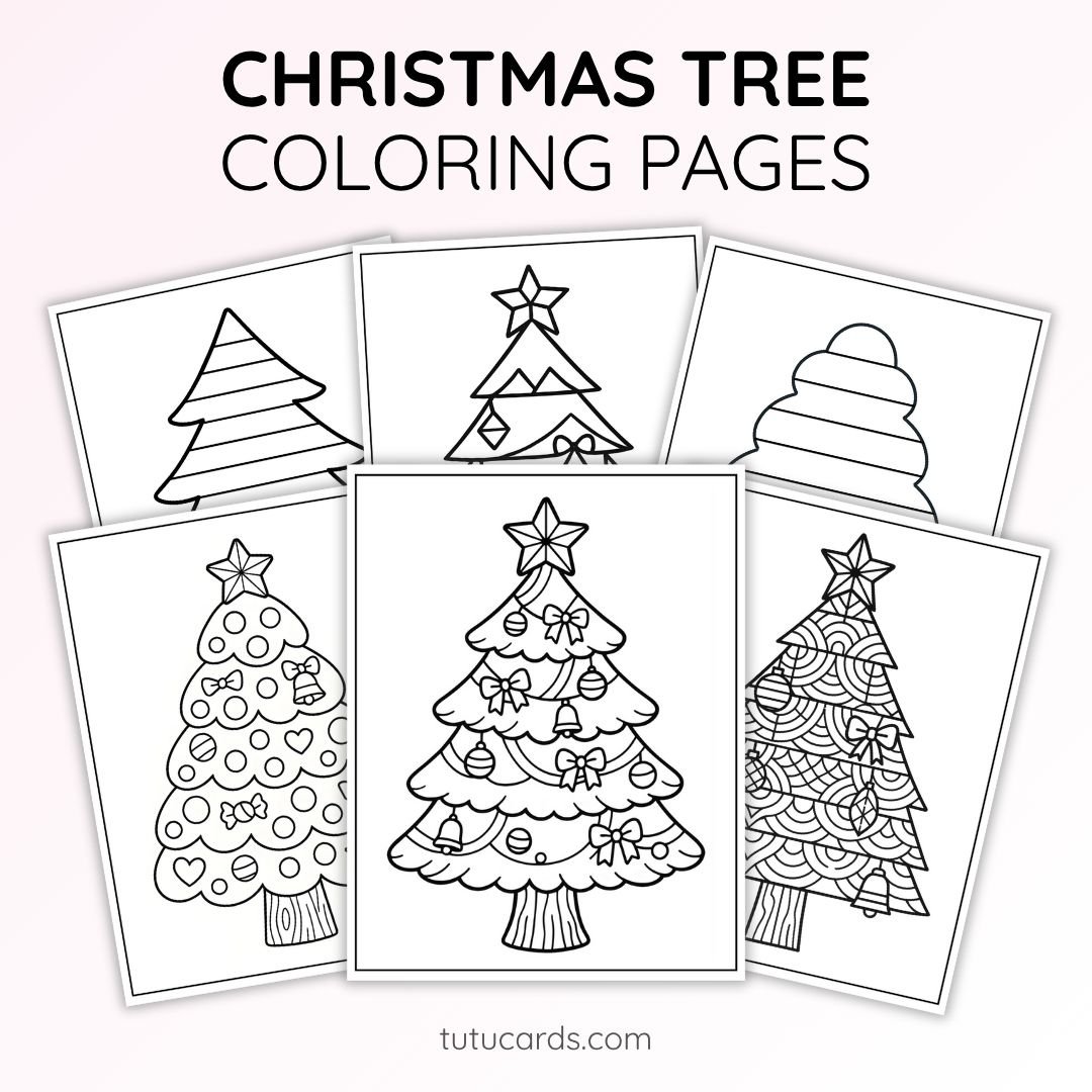 Christmas Tree Coloring Pages & Writing Templates | 6 Coloring Sheets + 5 Tree-Shaped Writing Papers | Printable PDF - Image 1 of 6