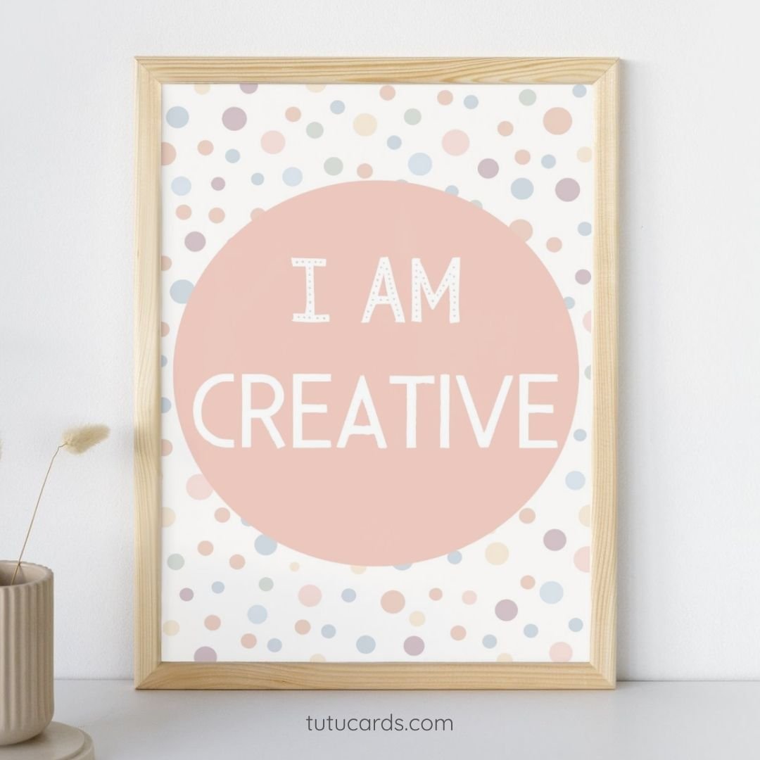 I Am Creative — Soft Colorful Dots Affirmation Poster for Kids, Gentle Minimalist Wall Art, Calming Classroom & Home Decor - Image 1 of 4