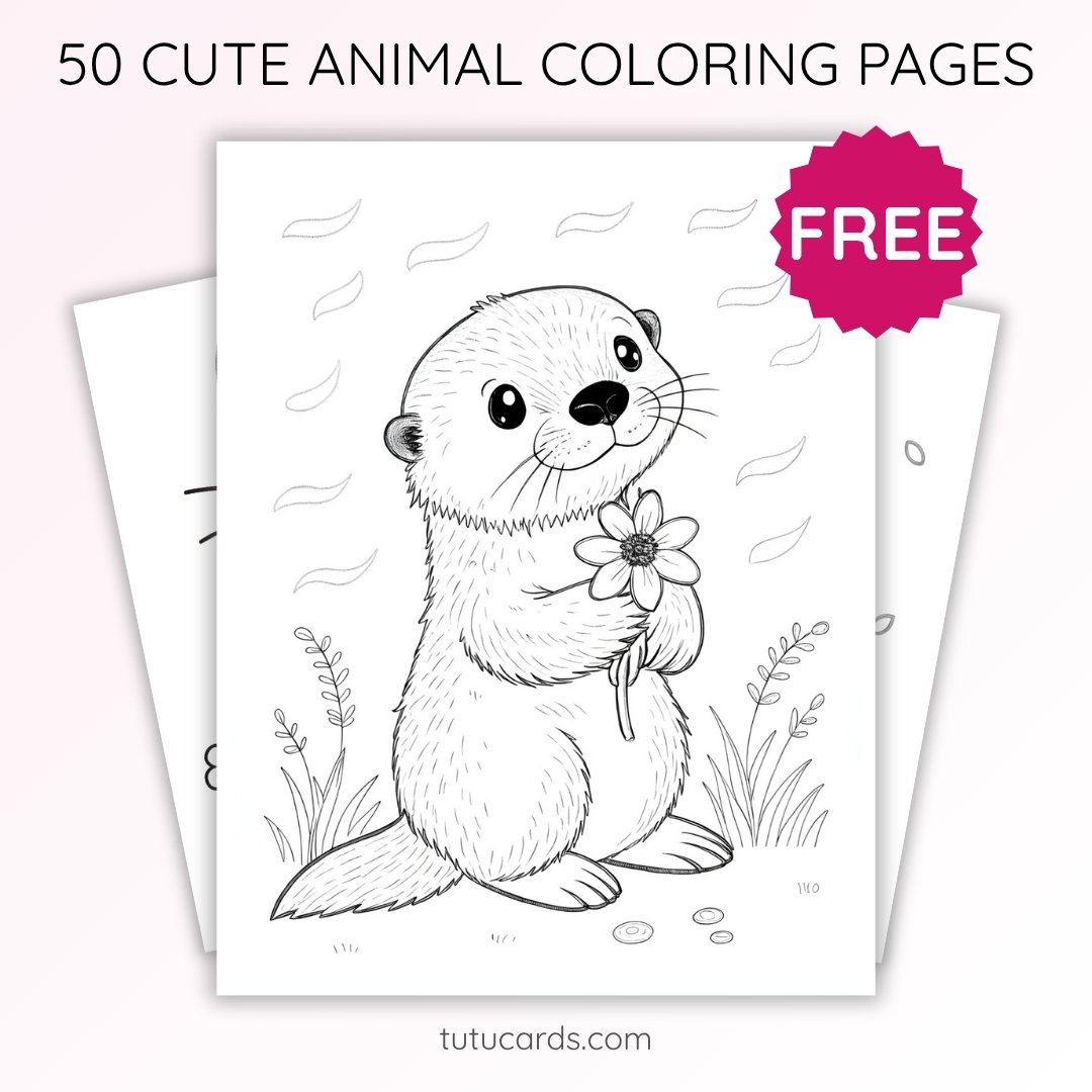 Cute Otter Holding Wildflowers Coloring Page for Kids | Printable Animal Art PDF | TutuCards Wildlife & Friends Series - Image 1 of 3