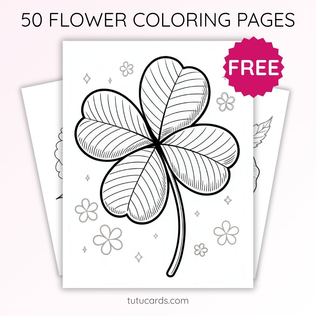 Four-Leaf Clover Coloring Page for Kids | Printable Lucky Leaf Art PDF | US Letter | TutuCards Nature & Seasons Series - Image 1 of 4