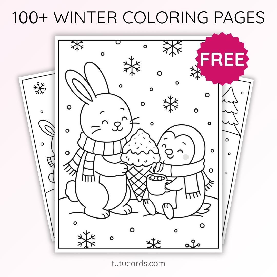 Winter Coloring Pages for Kids – Bunny and Penguin Eating Ice Cream ...