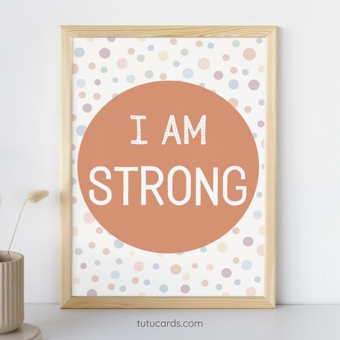 I Am Strong — Soft Colorful Dots Affirmation Poster for Kids, Gentle Minimalist Wall Art, Calming Classroom & Home Decor - Image 1 of 4
