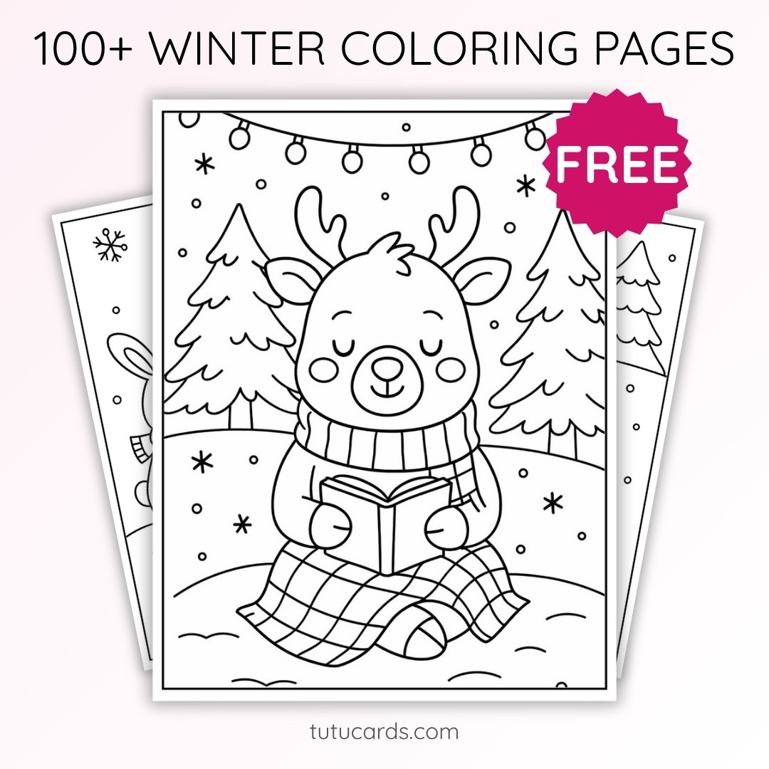 Winter Coloring Pages for Kids – Little Reindeer Reading in the Snow ...