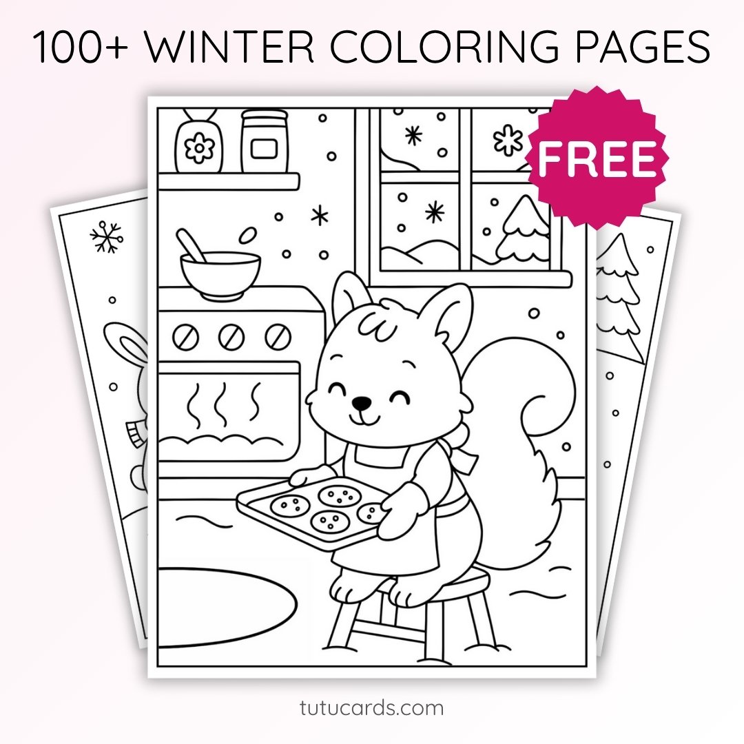 Winter Coloring Pages for Kids – Little Squirrel Baking Cookies (Free PDF Printables) - Image 1 of 3