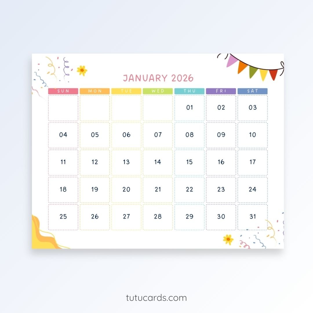 Colorful Start – 2026 January Calendar Printables | Tutucards