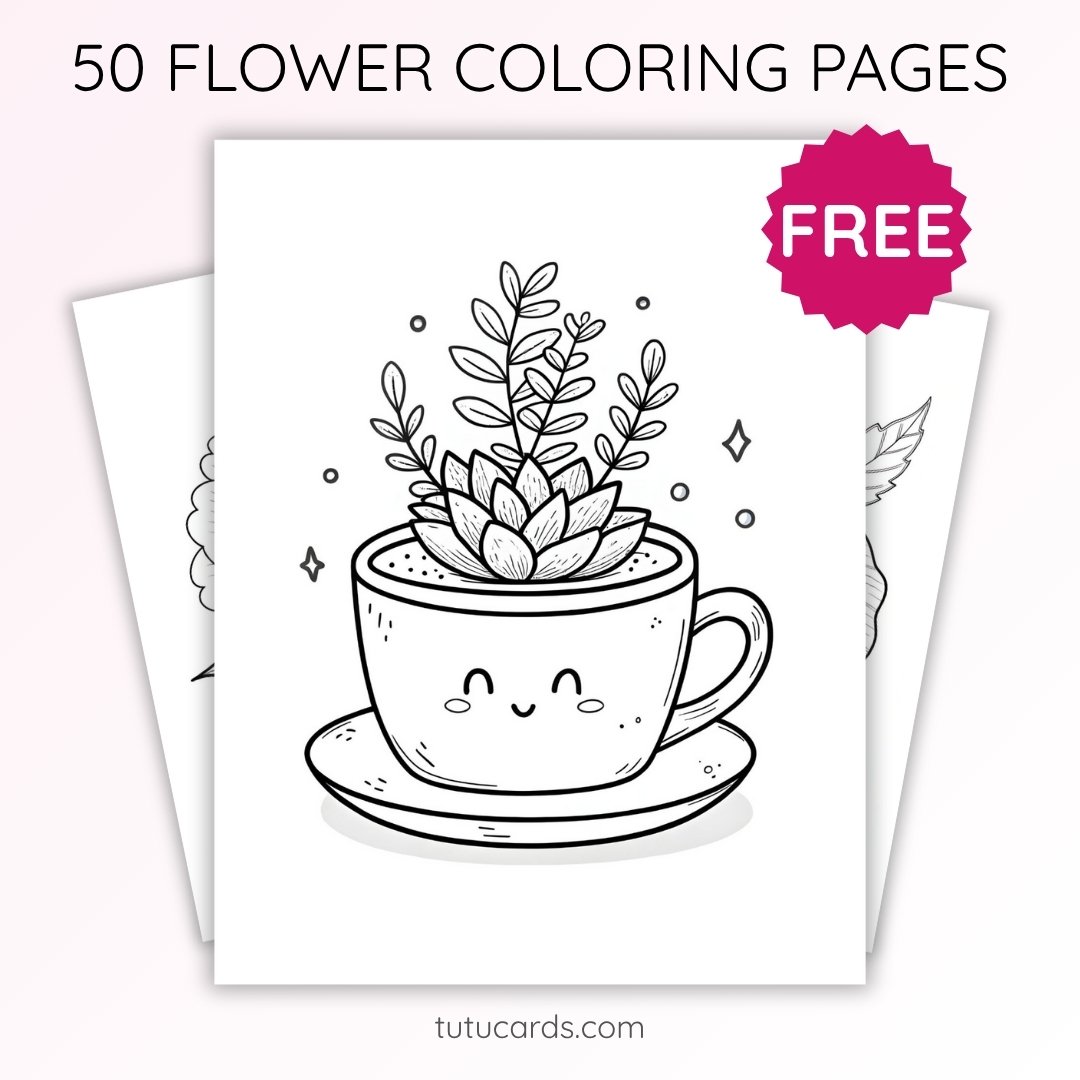 Mini Succulent in Cup Coloring Page for Kids | Printable Cute Plant Art PDF | US Letter | TutuCards Home & Garden Series - Image 1 of 4