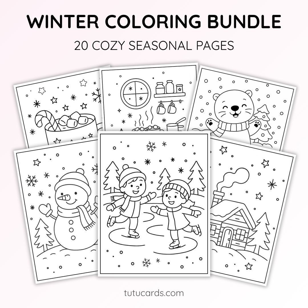 20 Winter Coloring Pages for Kids | Cute People, Animals & Cozy Winter Scenes | Printable PDF - Image 1 of 5