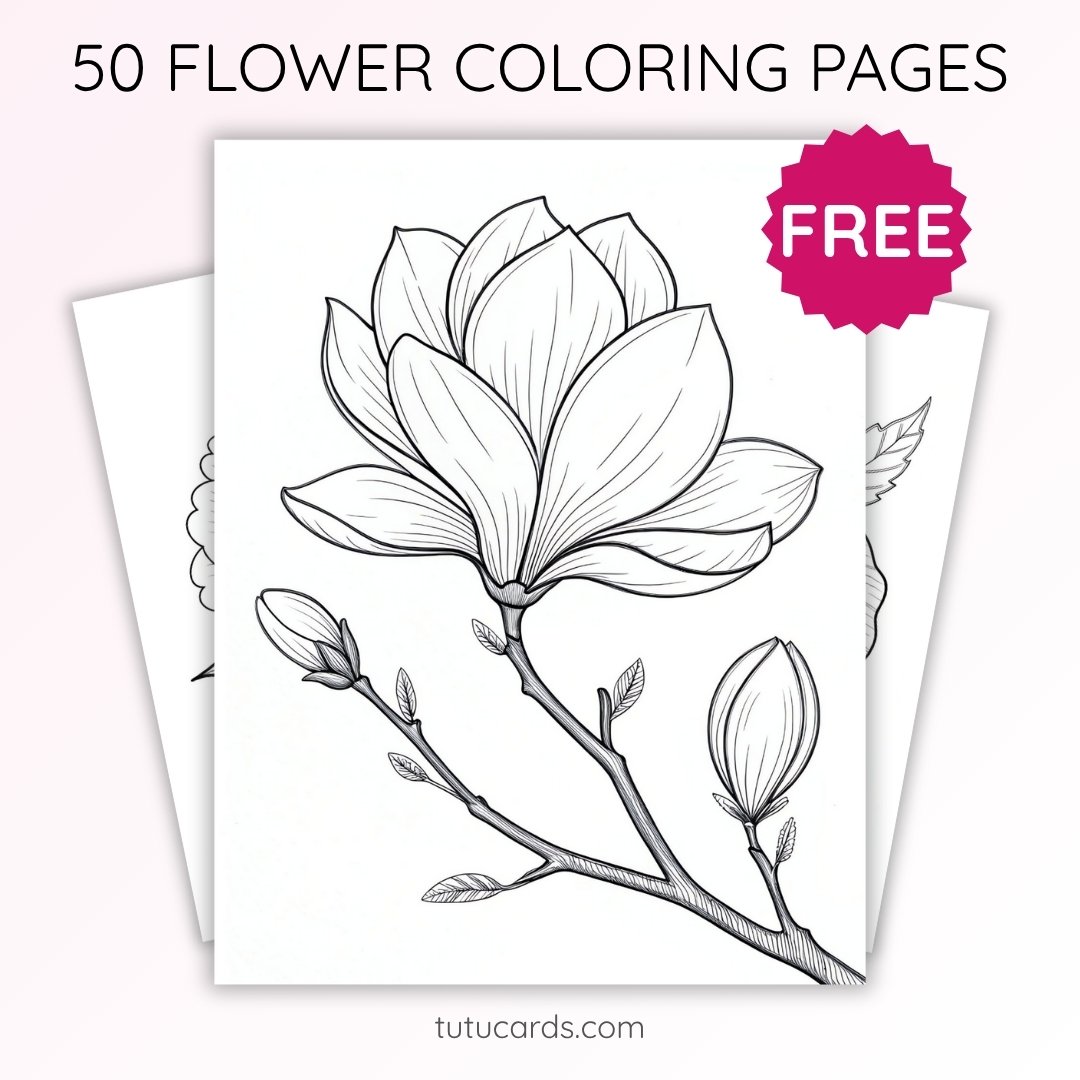 Magnolia Flower Coloring Page for Kids | Printable Floral Art PDF | US Letter | TutuCards Nature Series - Image 1 of 4