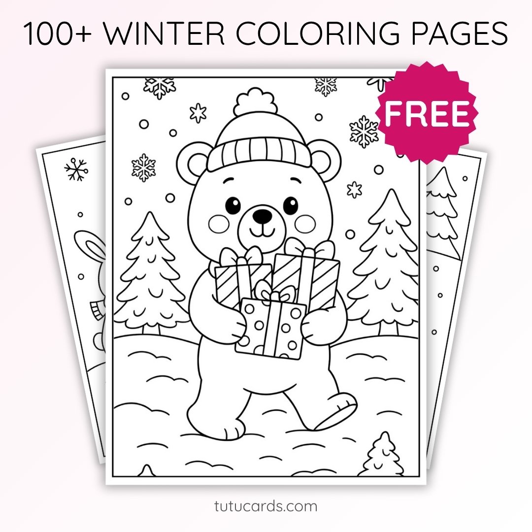 Winter Coloring Pages for Kids – Little Bear Holding a Gift in the Snow (Free PDF Printables) - Image 1 of 3