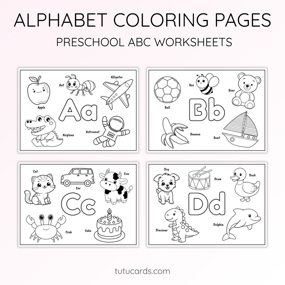 Alphabet Coloring Pages – Uppercase & Lowercase Letters A–Z with 5 Words and Pictures per Letter - Image 1 of 7