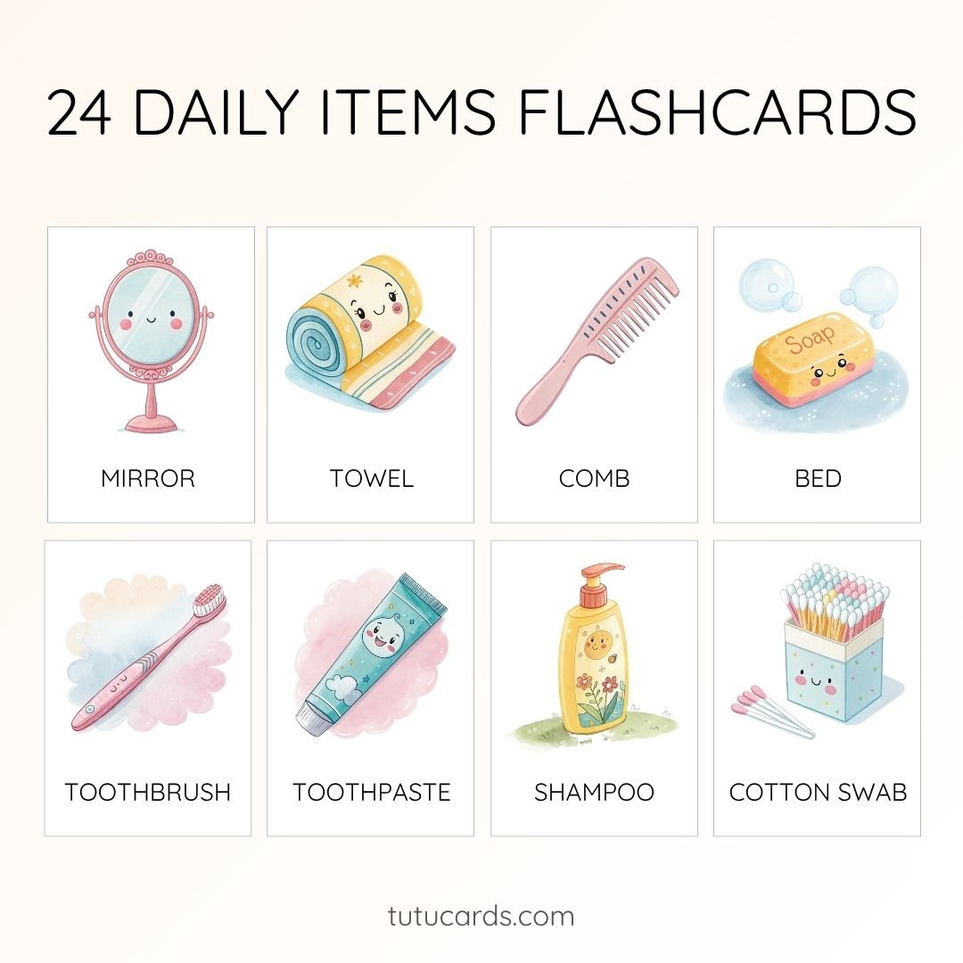 24 Cute Colorful Daily Items Flashcards | Printable Cards | 3.5x5 inch | Kids Learning & Classroom Decor - Image 1 of 3
