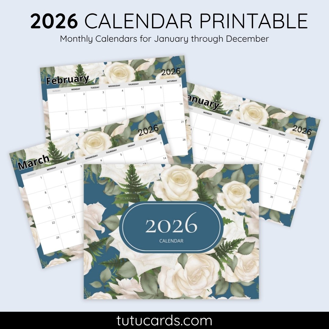 2026 Calendar Printable Download | White Vintage Rose Calendar | Elegant Floral Monthly Planner | Letter Size | Desk & Wall Decor - Image 1 of 5