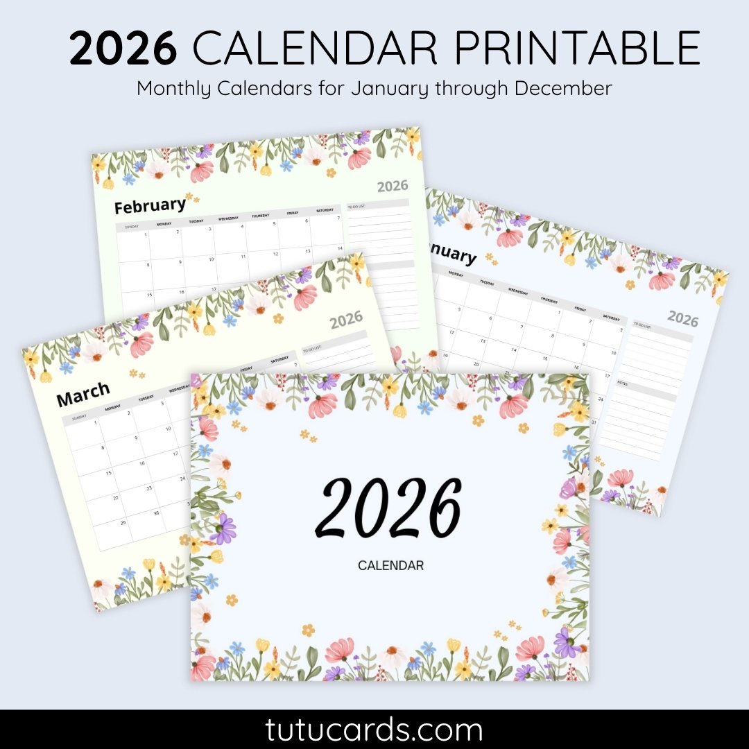 2026 Calendar Printable Download | Colorful Flowers Watercolor Floral Calendar | Letter Size | Desk & Wall Planner - Image 1 of 5