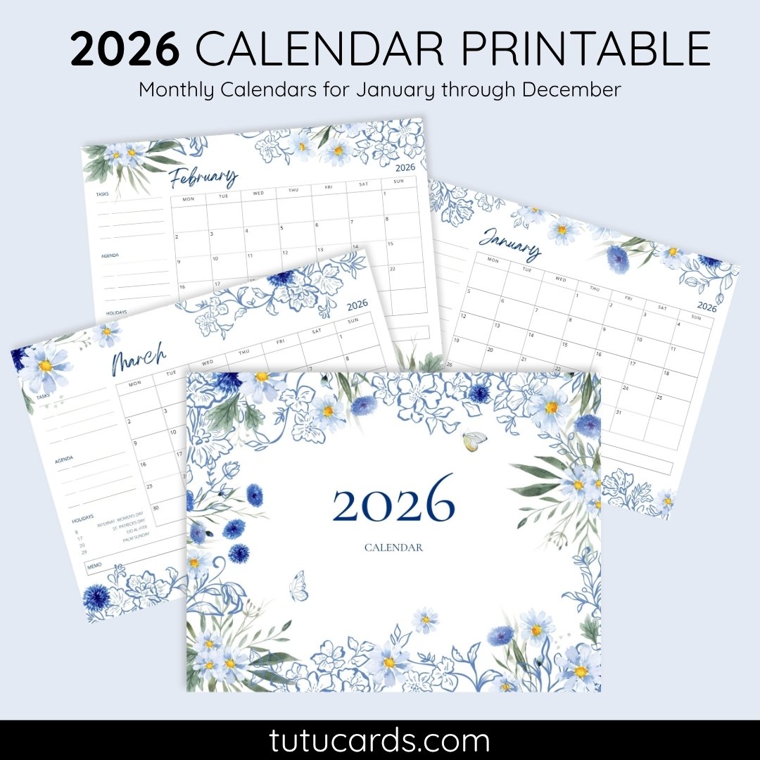2026 Calendar Printable Download | Watercolor Floral Monthly Calendar | Letter Size | Desk & Wall Planner (Copy) - Image 1 of 5