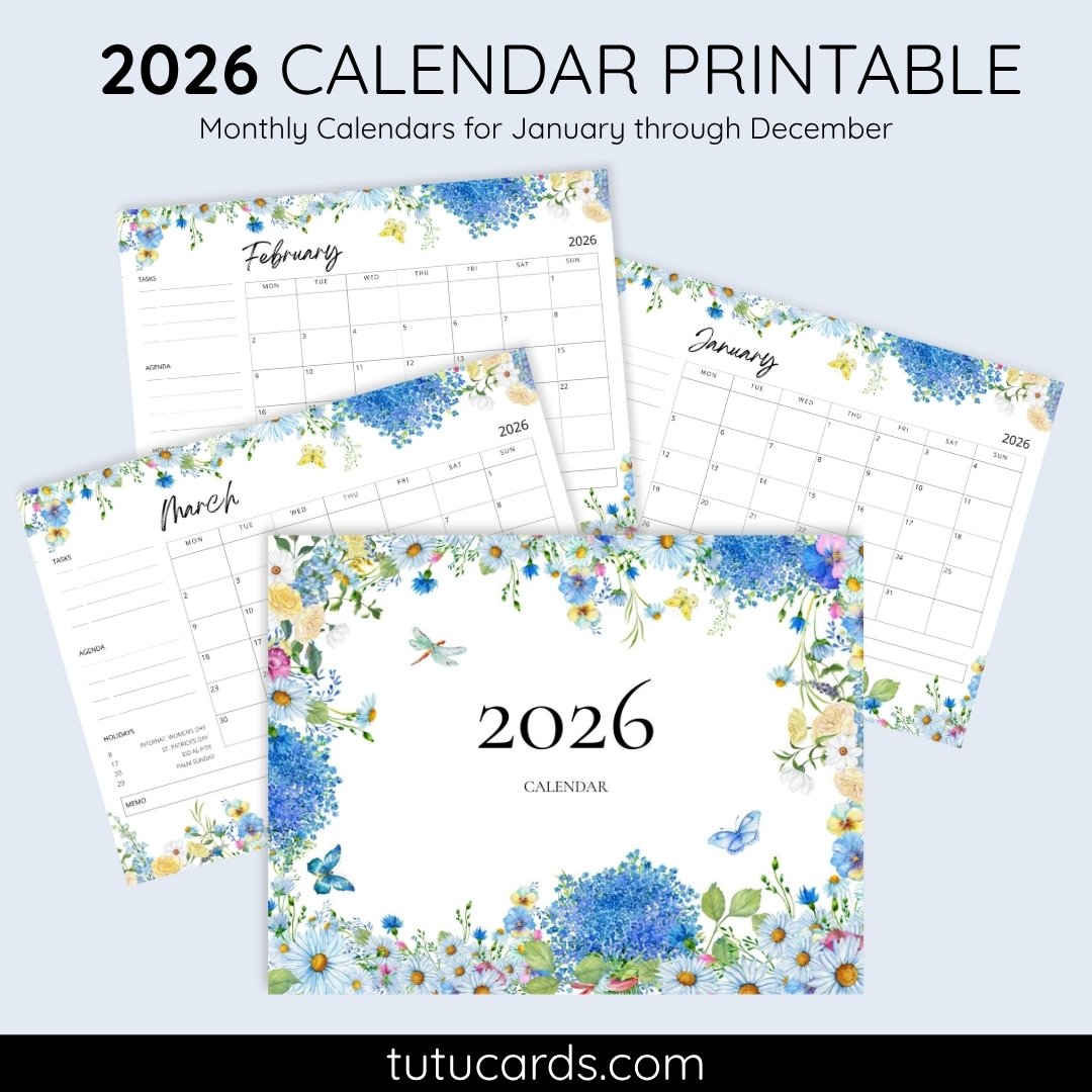 2026 Calendar Printable Download | Blue Watercolor Wild Flowers Butterflies | Floral Monthly Calendar | Letter Size | Desk & Wall Planner - Image 1 of 5
