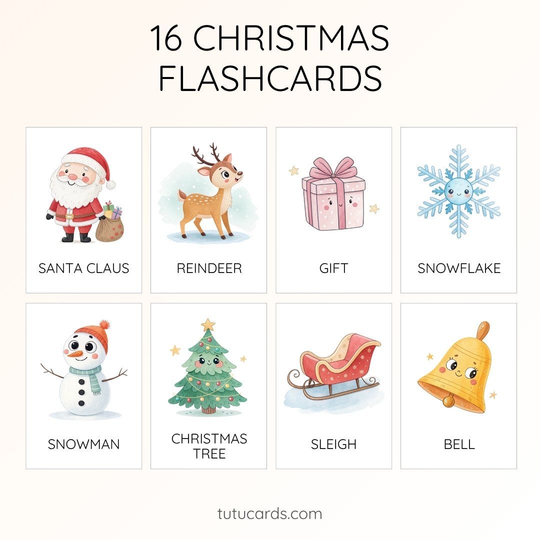 16 Cute Colorful Christmas Flashcards | Printable Holiday Cards | 3.5x5 inch | Kids Learning & Classroom Decor - Image 1 of 3