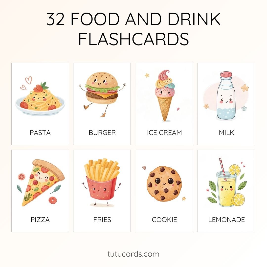32 Cute Colorful Food & Drink Flashcards  | Printable Cards | 3.5x5 inch  - Image 1 of 3