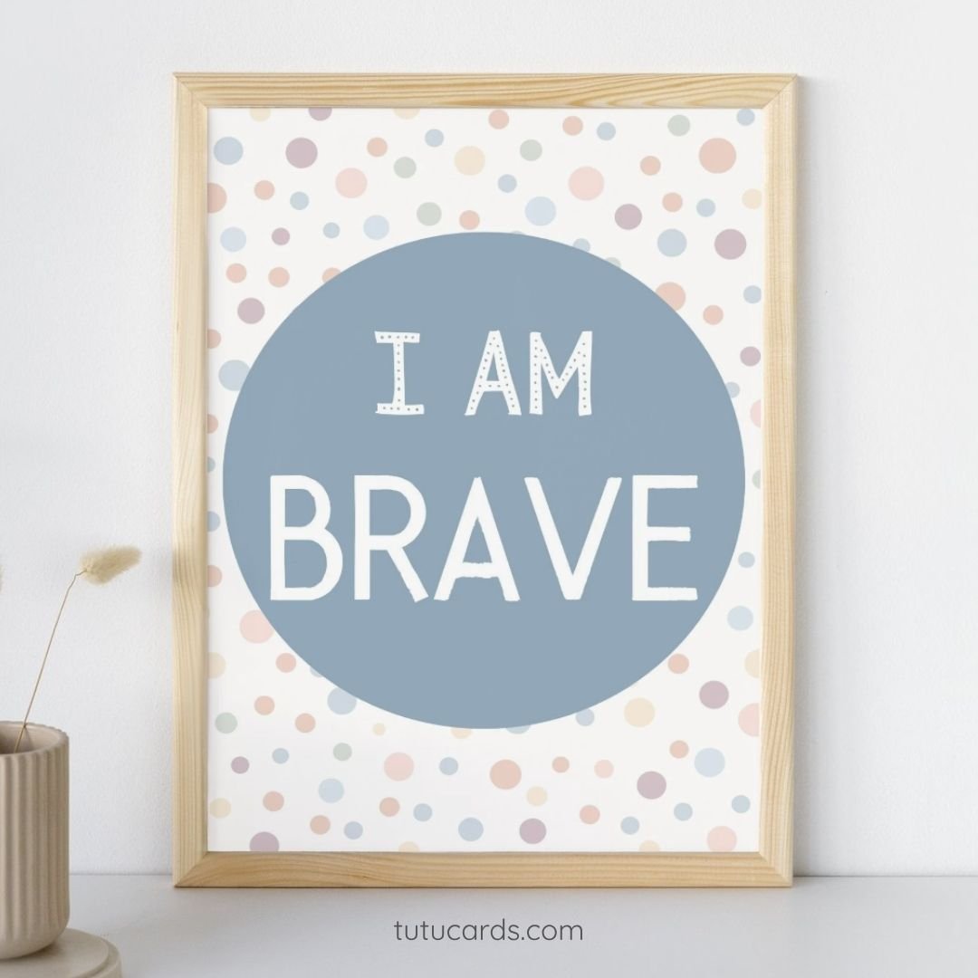 I Am Brave — Soft Colorful Dots Affirmation Poster for Kids, Gentle Minimalist Wall Art, Calming Classroom & Home Decor - Image 1 of 4