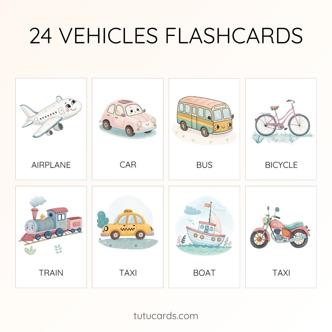 24 Cute Colorful Transportation & Special Vehicles Flashcards | Printable Cards | 3.5x5 inch | Kids Learning & Classroom Decor - Image 1 of 3