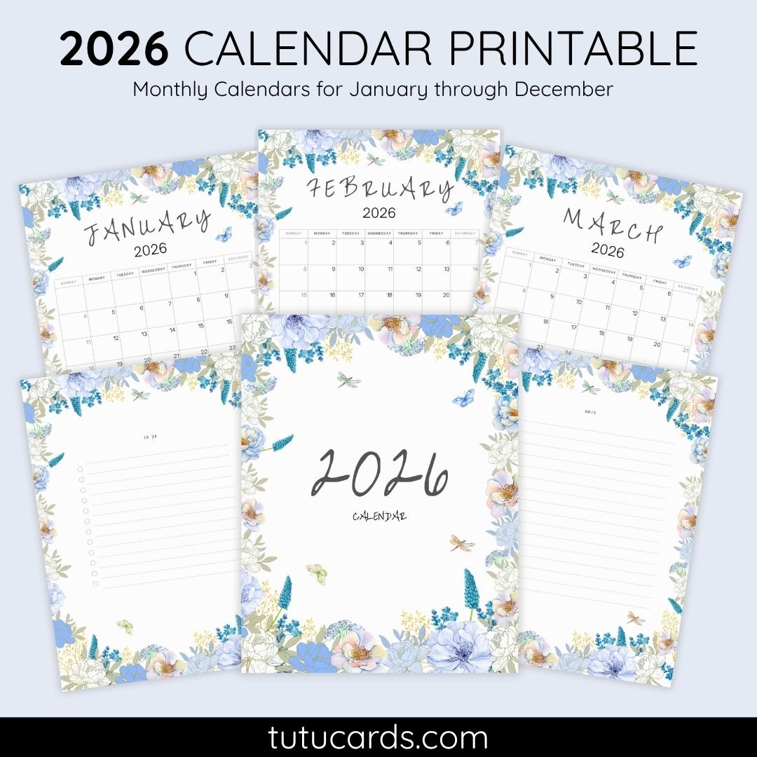 2026 Calendar Printable Download | Blue and White Floral Line Art Watercolor Vertical Calendar | To-Do List & Notes Pages Included | Letter Size | Minimal Planner - Image 1 of 7