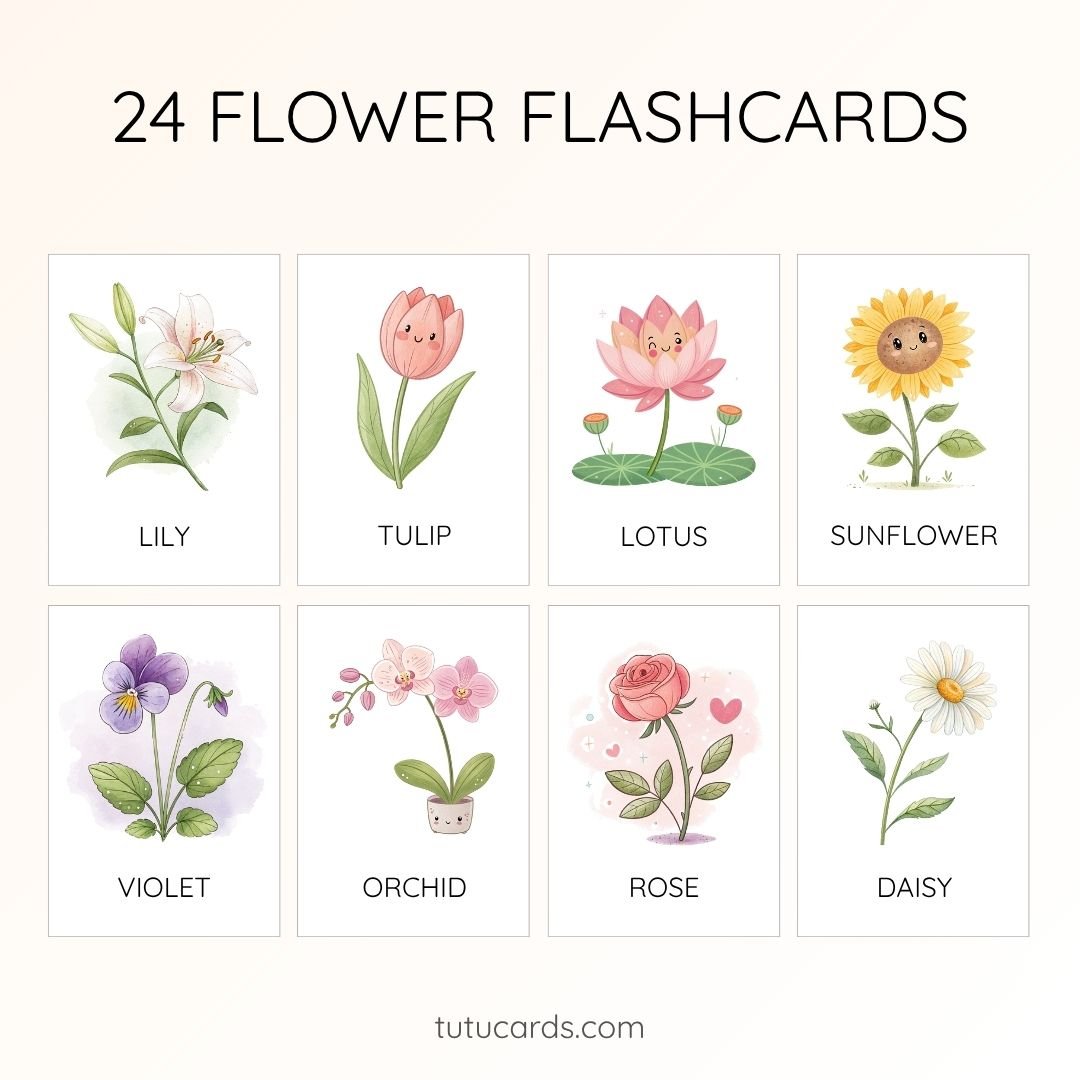 24 Cute Colorful Flower Flashcards | Printable Cards | 3.5x5 inch | Kids Learning & Classroom Decor - Image 1 of 3