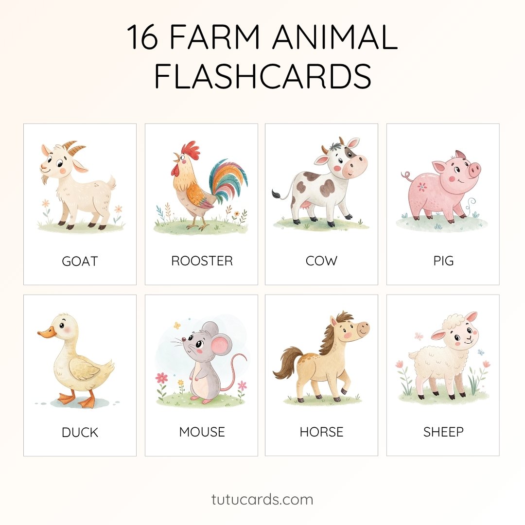 16 Cute Colorful Farm Animal Flashcards  | Printable Cards | 3.5x5 inch | Kids Learning & Classroom Decor - Image 1 of 3