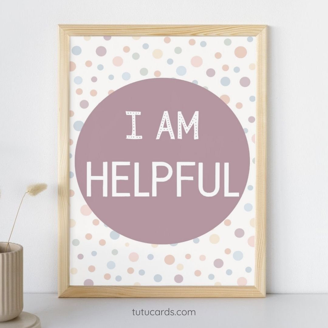 I Am Helpful — Soft Colorful Dots Affirmation Poster for Kids, Gentle Minimalist Wall Art, Calming Classroom & Home Decor - Image 1 of 4