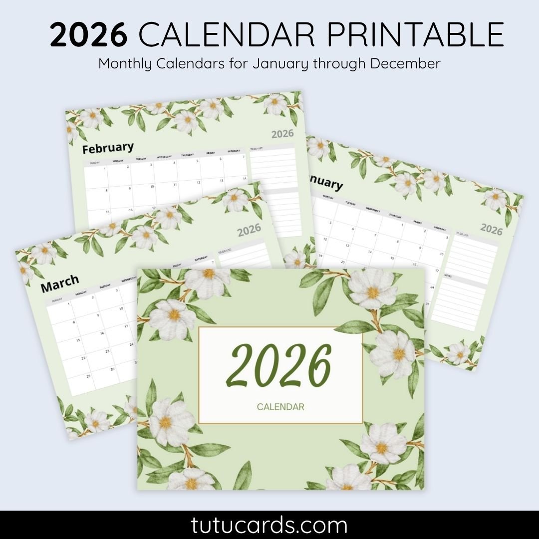 2026 Calendar Printable Download | Green and White Floral Watercolor Calendar | Letter Size | Desk & Wall Planner - Image 1 of 5