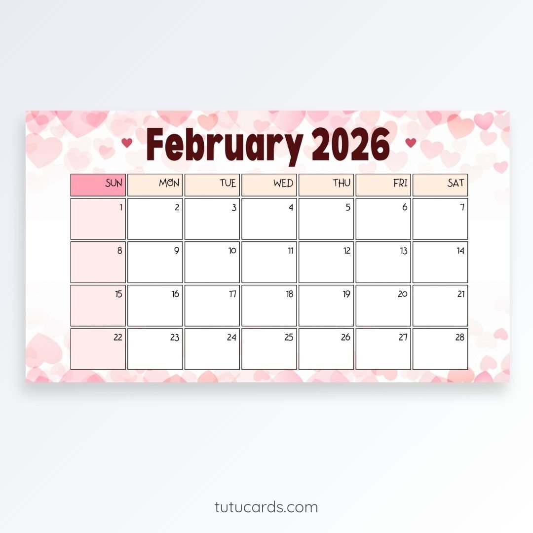 Wide Pink Hearts – February 2026 Calendar | Minimal Romantic Landscape Design - Image 1 of 2