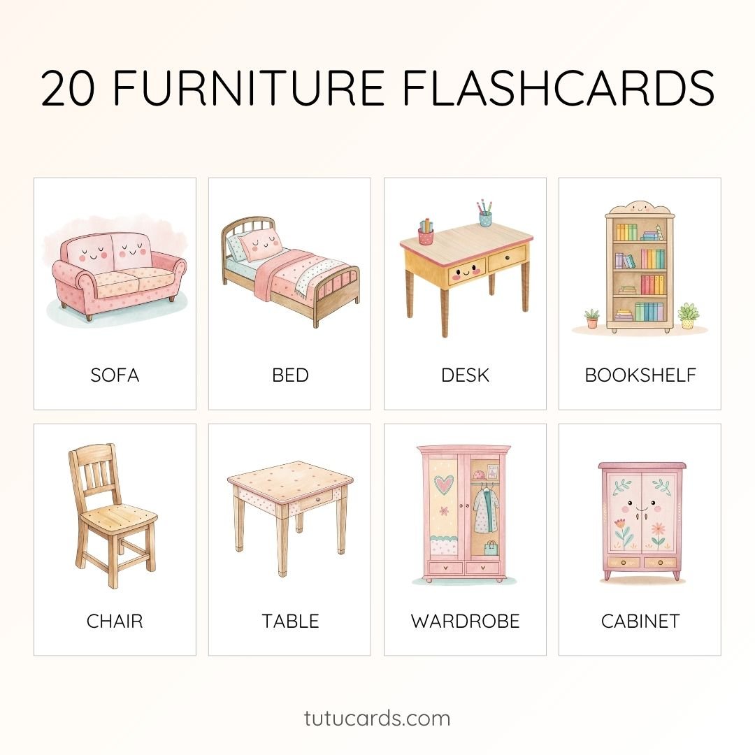 20 Cute Colorful Furniture Flashcards | Printable Cards | 3.5x5 inch | Kids Learning & Classroom Decor - Image 1 of 3