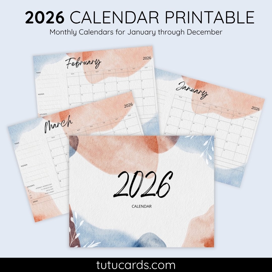 2026 Calendar Printable Download | Blue Brown Abstract Watercolor Background Calendar | Letter Size | Desk & Wall Planner - Image 1 of 5
