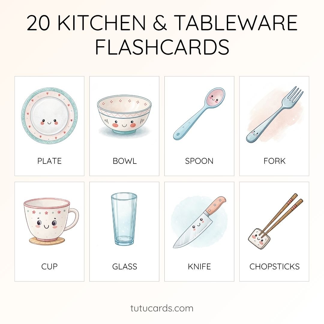 20 Cute Colorful Kitchen & Tableware Flashcards | Printable Cards | 3.5x5 inch | Kids Learning & Classroom Decor - Image 1 of 3
