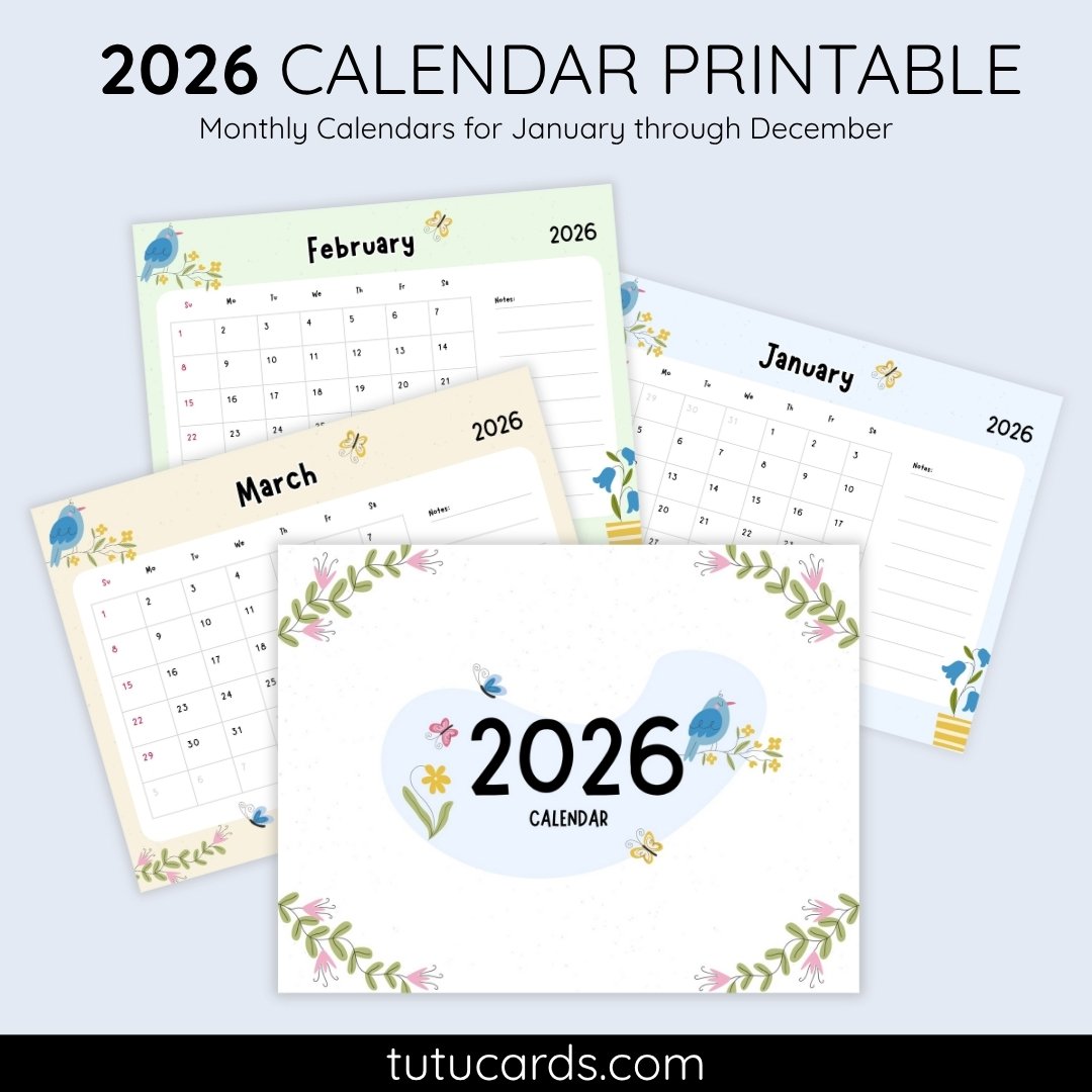 2026 Calendar Printable Download | Cute Hand-Drawn Flowers and Birds Watercolor Calendar | Letter Size | Desk & Wall Planner - Image 1 of 5