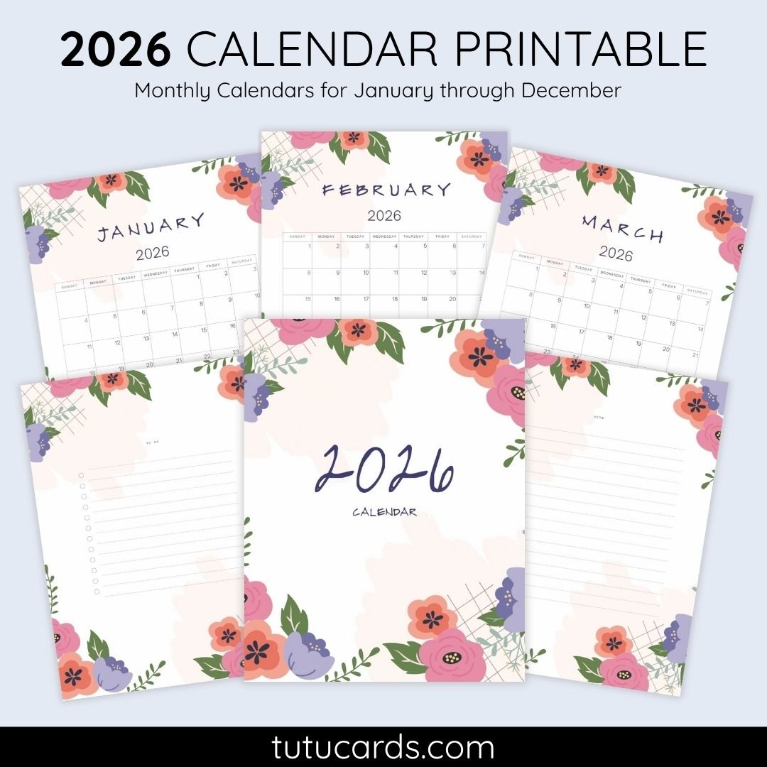 2026 Calendar Printable Download | Cute Pink and Purple Floral Watercolor Vertical Calendar | To-Do List & Notes Pages Included | Letter Size | Aesthetic Planner - Image 1 of 7