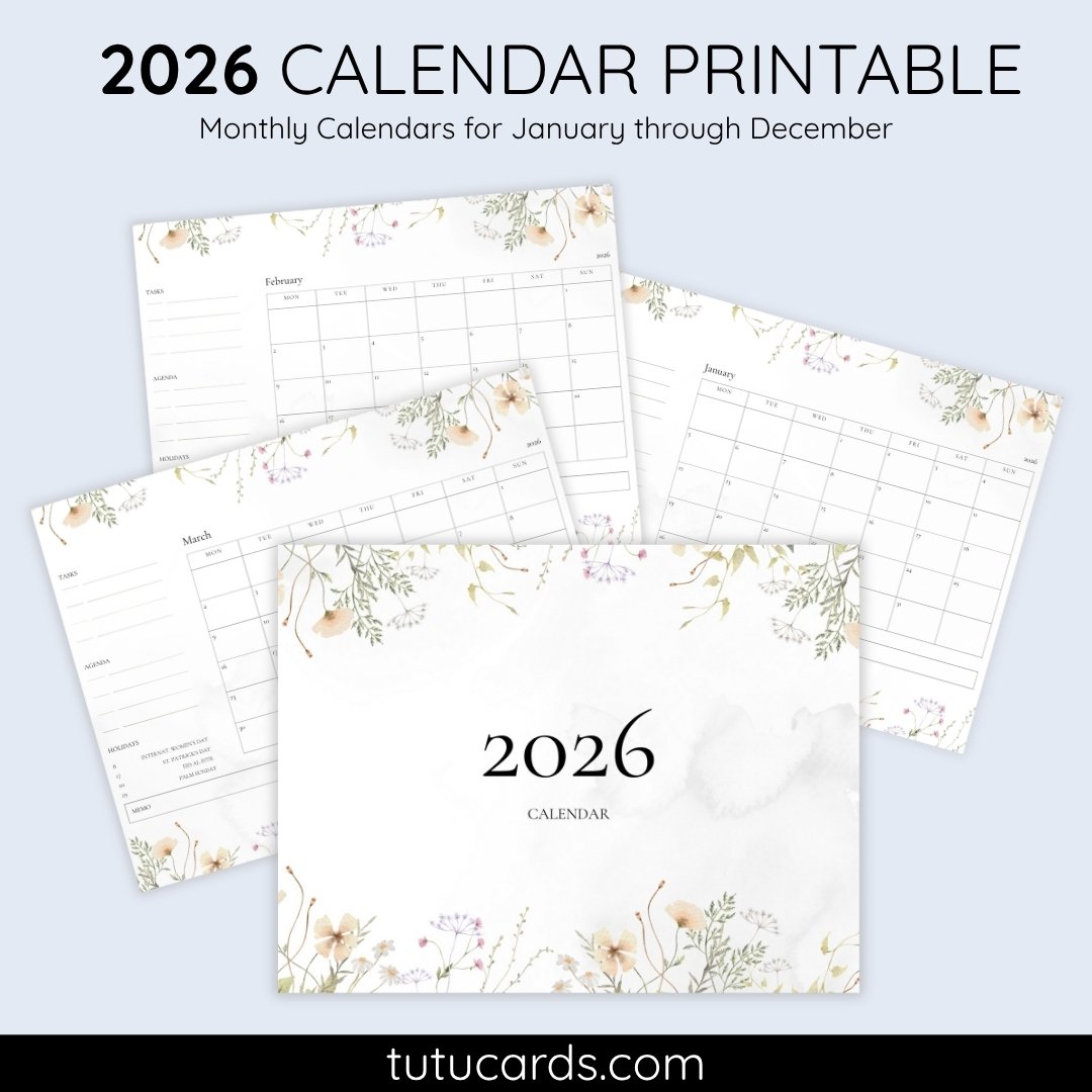 2026 Calendar Printable Download | Gray White Floral Watercolor Wildflowers Calendar | Letter Size | Desk & Wall Planner - Image 1 of 5