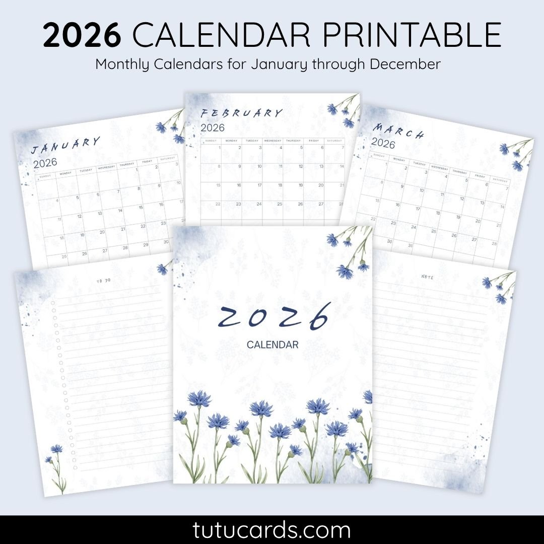 2026 Calendar Printable Download | Soft Blue Wildflower Watercolor Vertical Calendar | To-Do List & Notes Pages Included | Letter Size | Minimal Botanical Planner - Image 1 of 7
