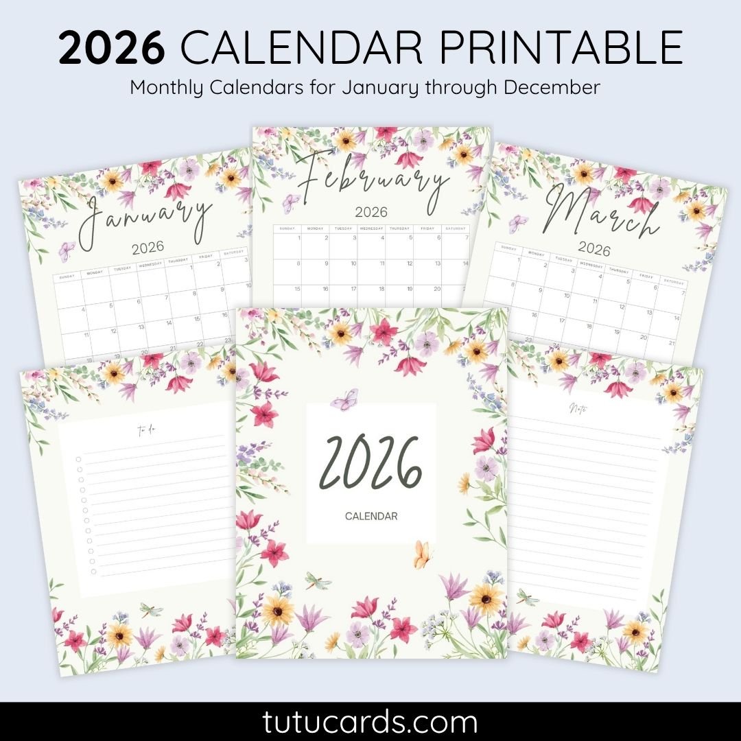 2026 Calendar Printable Download | Soft Pastel Botanical Flowers & Butterflies Watercolor Vertical Calendar | To-Do List & Notes Pages Included | Letter Size | Aesthetic Planner - Image 1 of 6