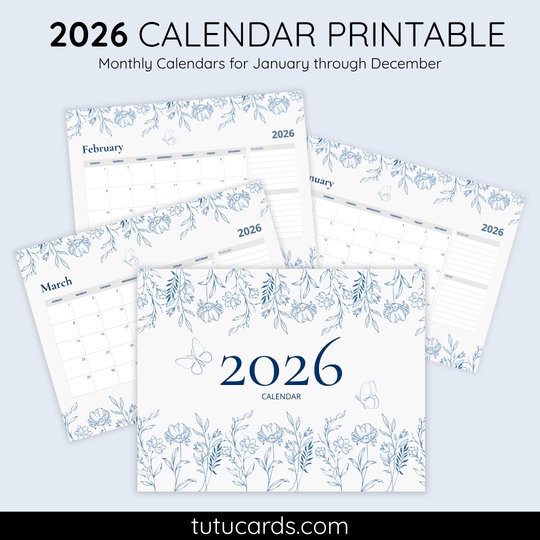 2026 Calendar Printable Download | Blue Botanical Line Art Floral Watercolor Calendar | Minimalist Nature Monthly Planner | Letter Size | Desk & Wall Decor - Image 1 of 5