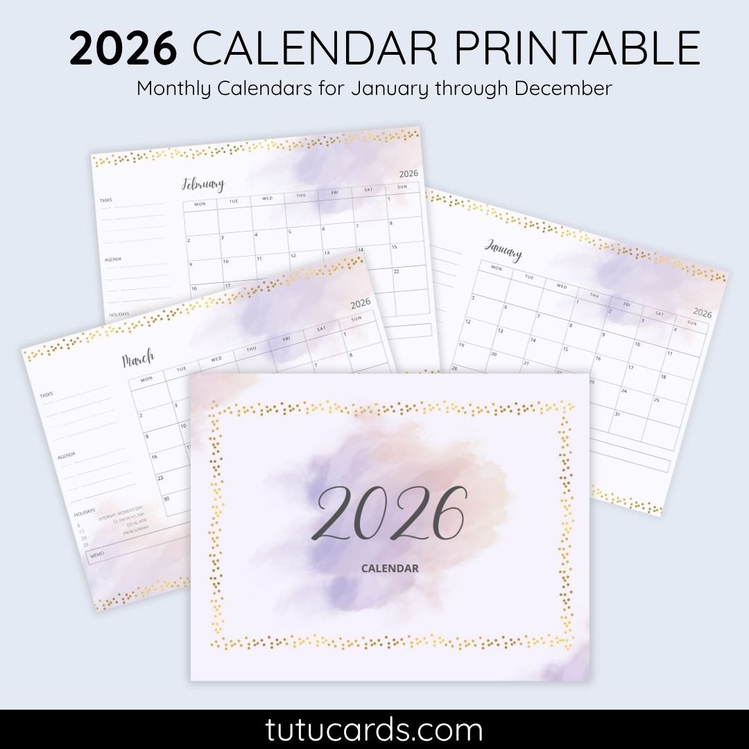 2026 Calendar Printable Download | Purple and Gold Aesthetic Watercolor Calendar | Letter Size | Desk & Wall Planner - Image 1 of 5