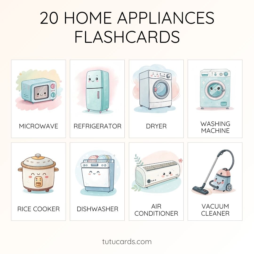 20 Cute Colorful Kitchen & Tableware Flashcards | Printable Cards | 3.5x5 inch | Kids Learning & Classroom Decor (Copy) - Image 1 of 3
