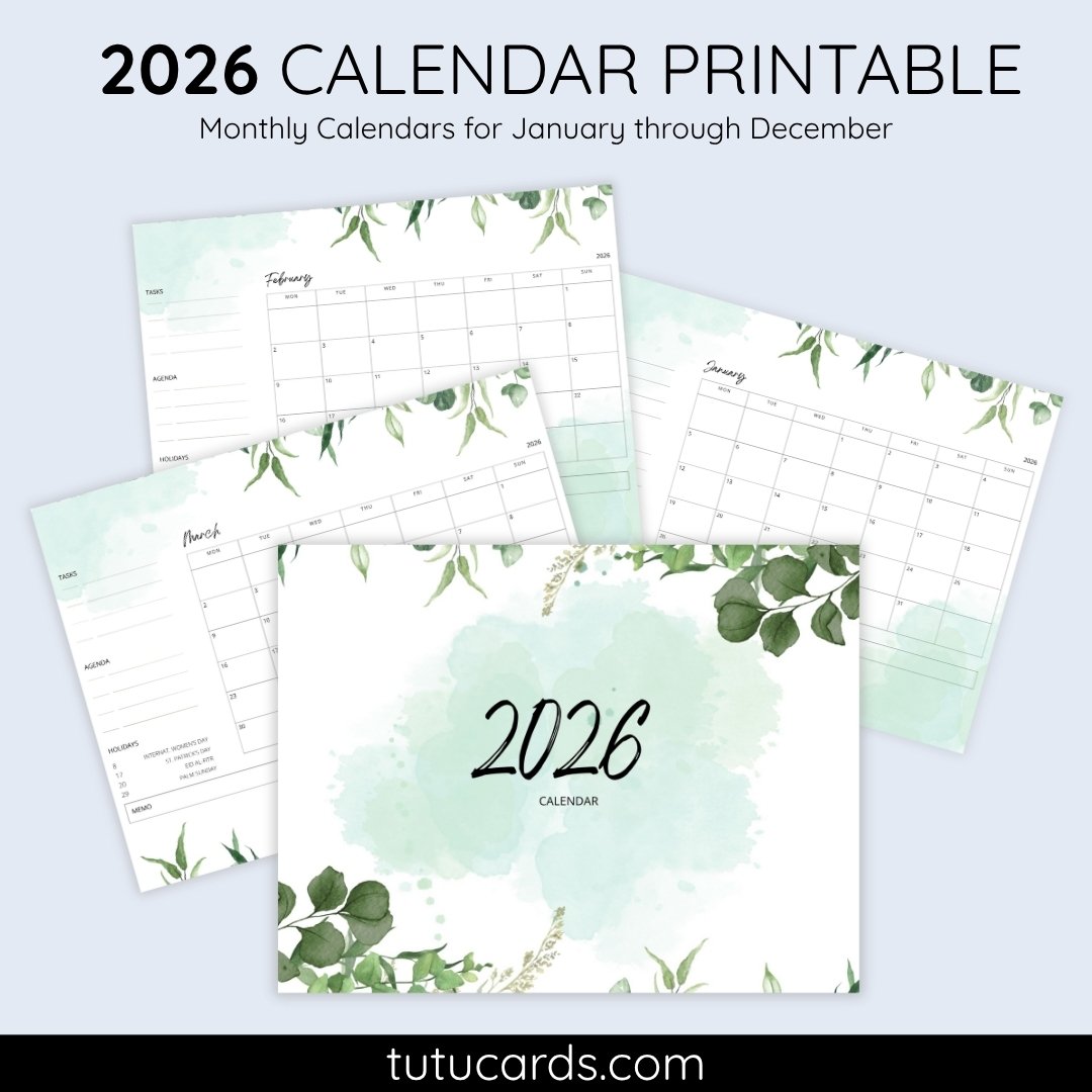 2026 Calendar Printable Download | White and Green Elegant Illustrated Leaves Calendar | Simple Monthly Planner | Letter Size | Desk & Wall Decor - Image 1 of 5