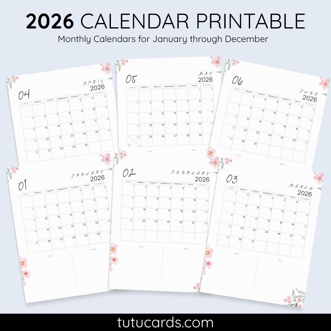 2026 Calendar Printable Download | Pink Watercolor Floral Vertical Calendar | To-Do List & Notes Pages Included | Letter Size | Planner & Wall Decor - Image 1 of 7