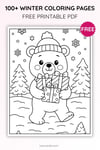 Winter Coloring Pages for Kids – Little Bear Holding a Gift in the Snow (Free PDF Printables) preview 2