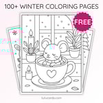Winter Coloring Pages for Kids – Little Mouse in a Coffee Cup (Free PDF Printables) preview 1