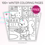 Winter Coloring Pages for Kids – Little Squirrel Baking Cookies (Free PDF Printables) preview 1