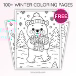 Winter Coloring Pages for Kids – Little Bear Holding a Gift in the Snow (Free PDF Printables) preview 1