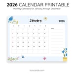 2026 Calendar Printable Download | Cute Hand-Drawn Flowers and Birds Watercolor Calendar | Letter Size | Desk & Wall Planner preview 3