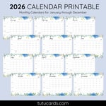 2026 Calendar Printable Download | Blue Watercolor Wild Flowers Butterflies | Floral Monthly Calendar | Letter Size | Desk & Wall Planner preview 2