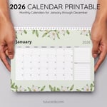 2026 Calendar Printable Download | Green and White Floral Watercolor Calendar | Letter Size | Desk & Wall Planner preview 4